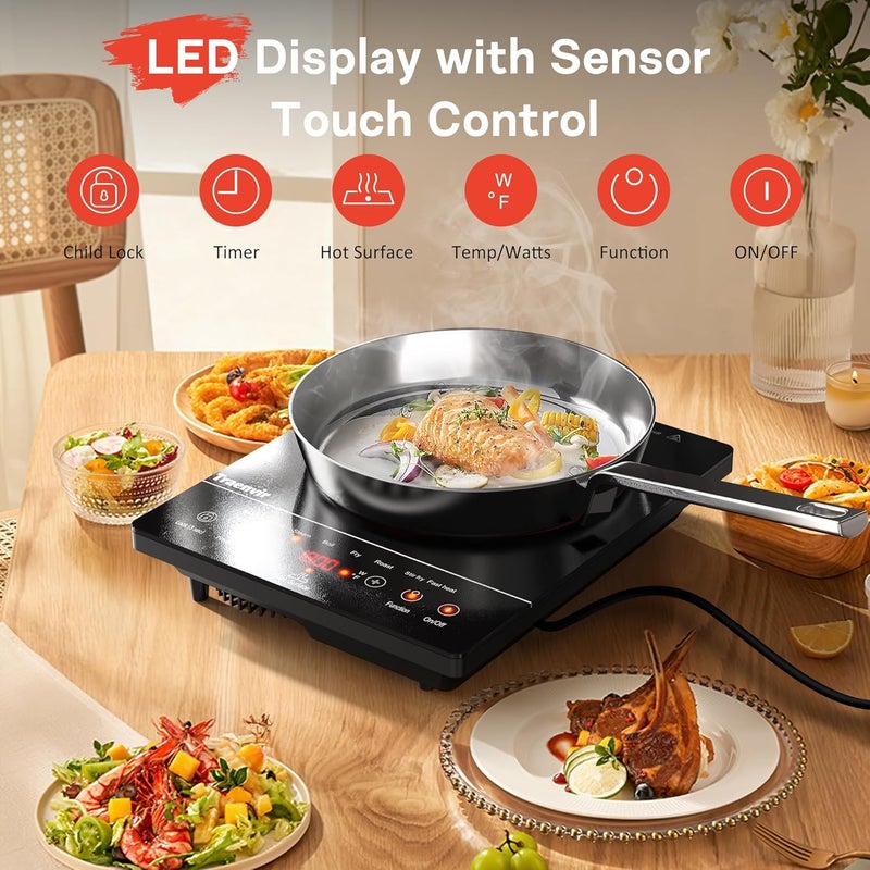 Traenvir Single Burner Electric Cooktop, Portable Electric Stove One Burner, 1800W Ceramic Cooktop with Touch Control, Child Safety Lock, 4 Hour Timer, Overheat Protection, 110V - 120V Plug in - Image 2